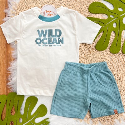 Conj. Camiseta Wild Ocean e Bermuda - Off White e Verde